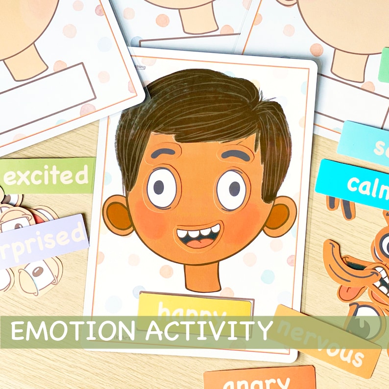 May include: A printable emotion activity for kids featuring a cartoon face with different expressions. The activity includes words like "happy", "nervous", "calm", "excited", "surprised", and "angry".