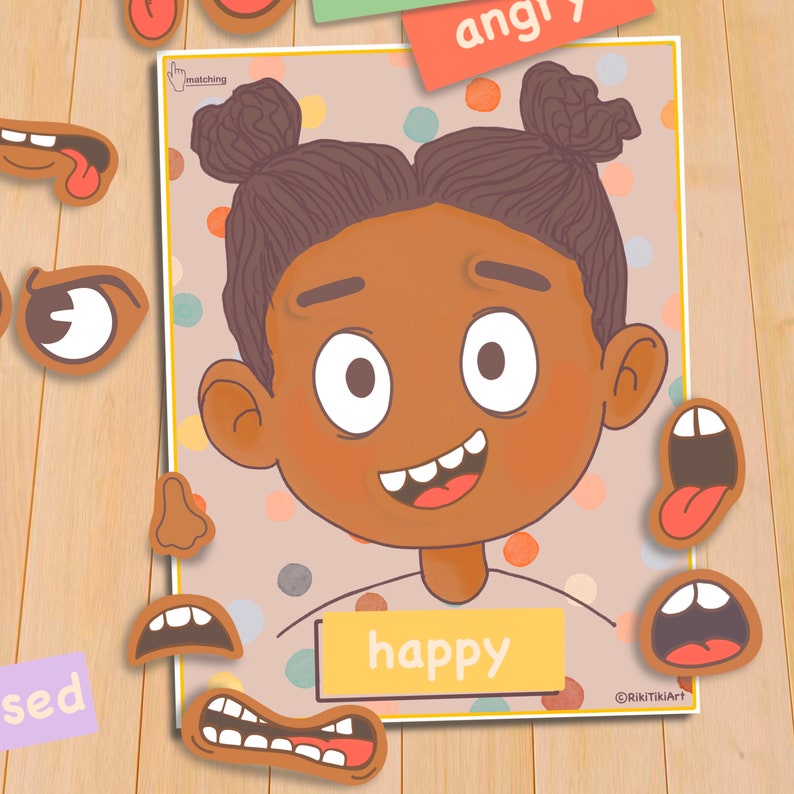 Emoties Activiteit voor kinderen Meisjesversie Afdrukbare peutergevoelsgrafiek Rustige boekenpagina Preschool Homeschool Pre-K Learning Matching Game afbeelding 3