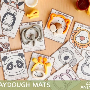 Tapetes de massa para animais do zoológico, habilidades motoras finas, cartões visuais, montessori, atividades para impressão de crianças, jardim de infância, aprendizagem pré-escolar, tapetes doh