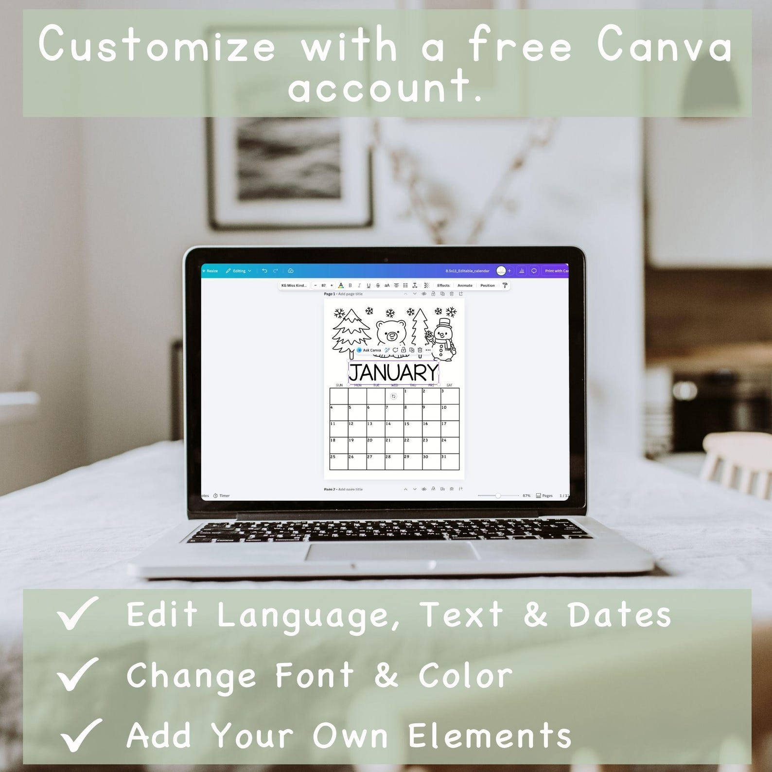 Kids Calendar 2026 Printable Coloring Monthly Calendar Editable ...
