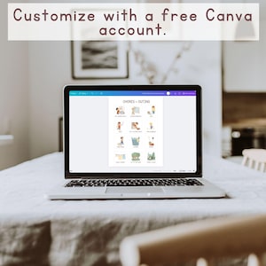 May include: A laptop displaying a colorful chore chart with illustrations and the text "CHORES + OUTING." The screen also shows the text "Customize with a free Canva account." The laptop is on a white tablecloth.