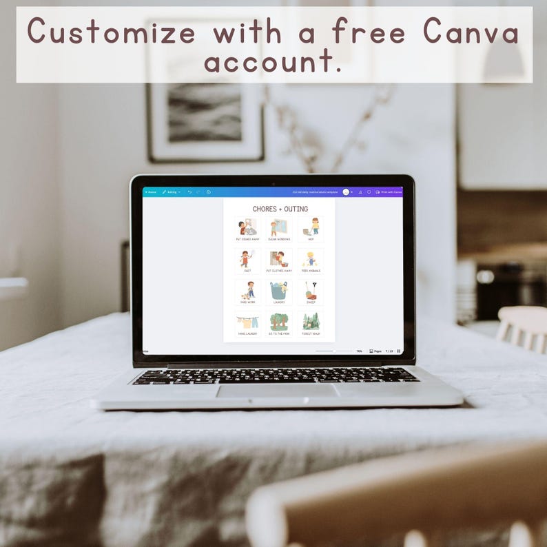 May include: A laptop displaying a colorful chore chart with illustrations and the text "CHORES + OUTING." The screen also shows the text "Customize with a free Canva account." The laptop is on a white tablecloth.