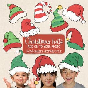 May include: A selection of ten PNG images of Christmas hats in various designs. The hats are red, green, and white, with some featuring stripes, stars, and fluffy trim. Text on a red banner reads "Christmas hats ADD ON TO YOUR PHOTO".