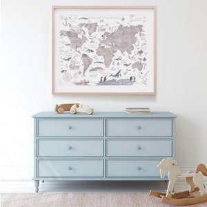 Kinder Weltkarte Poster Spielzimmer Montessori Karte Poster Homeschool Navy Blau Wandkunst druckbare Lernposter Kinder herunterladbare Drucke
