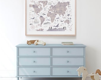 Kids World Map Poster Playroom Montessori Map Poster Homeschool Navy Blue Wall Art Printable Educational Posters Kids Downloadable Prints