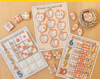 Hojas de trabajo de matemáticas en alemán para preescolar: Actividad para contar y unir (descarga digital)