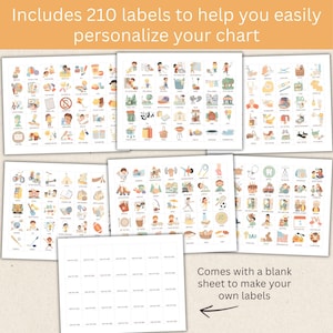 May include: A set of illustrated labels for a chart, with the text "Includes 210 labels to help you easily personalize your chart." The labels feature various activities and objects, with a blank sheet for custom labels. The image is on a white background.