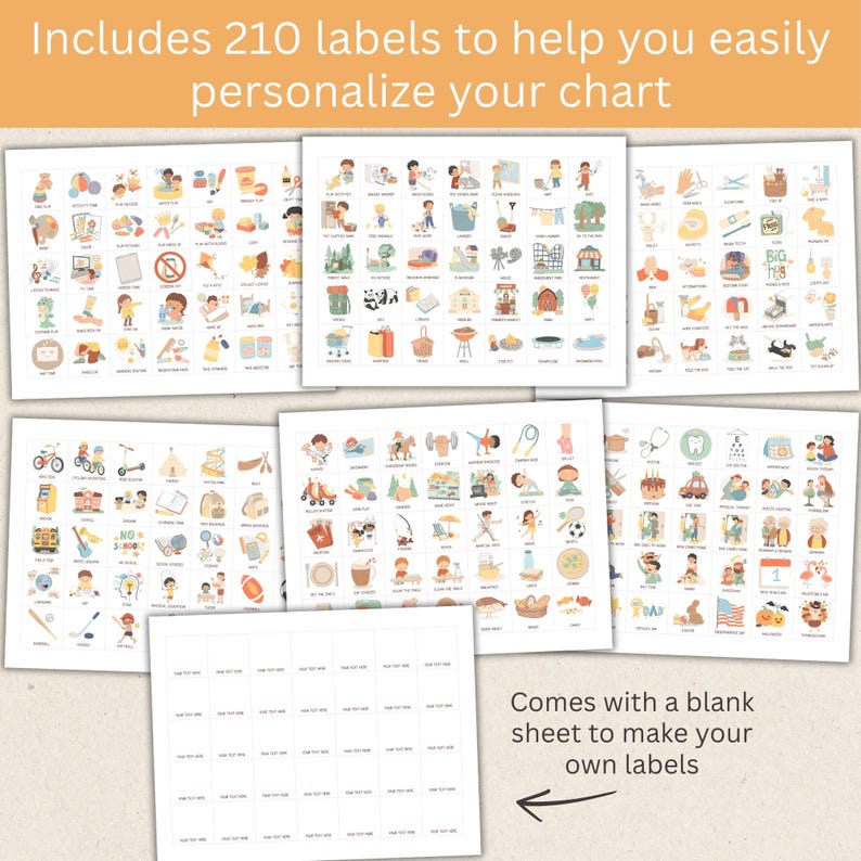 May include: A set of illustrated labels for a chart, with the text "Includes 210 labels to help you easily personalize your chart." The labels feature various activities and objects, with a blank sheet for custom labels. The image is on a white background.