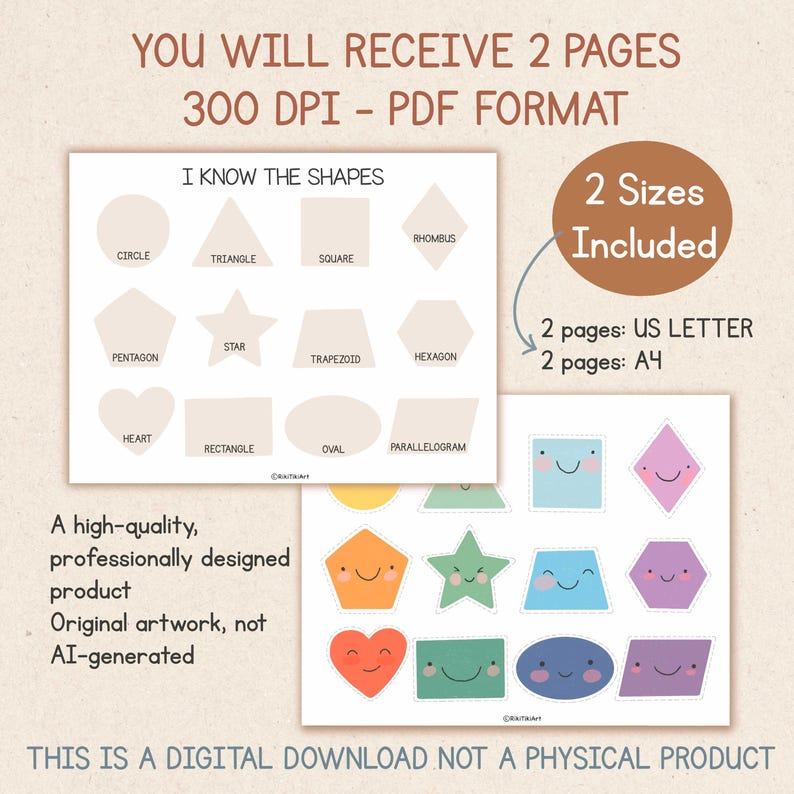 Pu&ograve; includere: Download digitale di due pagine stampabili per imparare le forme. Una pagina mostra forme con etichette, l'altra presenta forme colorate con facce sorridenti. Include formati US Letter e A4. Il testo recita: "I KNOW THE SHAPES."