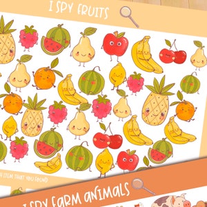 May include: A colorful I Spy game featuring a variety of fruits, including watermelons, pears, lemons, pineapples, bananas, cherries, oranges, and raspberries. The game is designed for children and features a fun and engaging design.