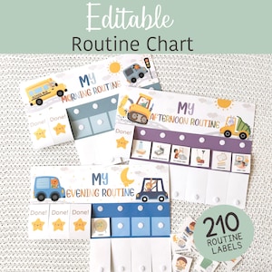 Può includere: Un set di grafici di routine modificabili con sezioni mattutine, pomeridiane e serali. Ogni sezione presenta un design colorato con illustrazioni di veicoli e stelle. Include 210 etichette di routine. Il testo "Editable Routine Chart" è in alto.