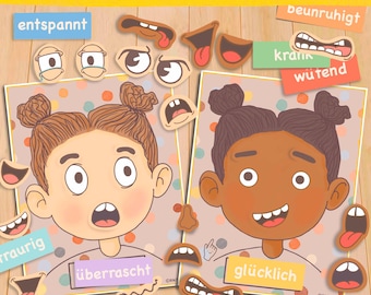 Actividad sobre emociones en alemán para niños Versión para niñas Cuadro de sentimientos para niños pequeños Recursos para la educación en el hogar Hojas de trabajo para preescolares Jardín de infantes Preescolar
