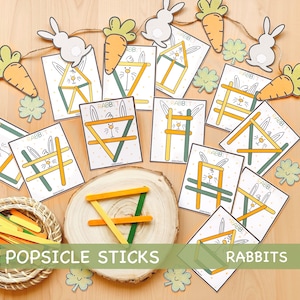 Rabbit Popsicle Sticks Activity Montessori Printable Activities for Kids Spring Preschool Matching Activities for Toddler Kindergarten Pre-K