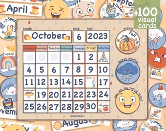 May include: A colourful calendar for October 2023 with a pumpkin and autumn leaves design. The calendar includes days of the week, dates, and a space for notes. There are also several colourful stickers with different themes, such as weather, emotions, and activities.