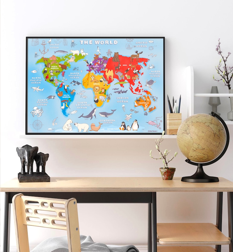 May include: A colorful world map with animals from different continents. The map is printed on a blue background with the title "The World" at the top. The map includes the names of the oceans and continents.
