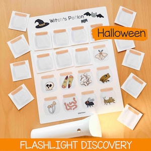 Halloween-Aktivität mit Taschenlampe: Druckbares Enthüllungsspiel für Vorschulkinder, Herbstliche Zuordnungsübung, Kindergarten- und Homeschooling-Ressourcen