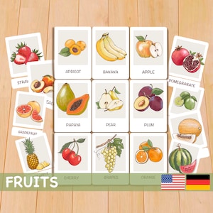 Schede flash sulla frutta, materiali Montessori, curriculum prescolare, flashcard per bambini inglese tedesco