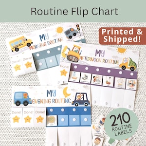 Peut inclure: Ensemble de tableaux de routine pour enfants avec des illustrations de véhicules et d'icônes pour les activités du matin, de l'après-midi et du soir. Les tableaux incluent le texte "My Morning Routine", "My Afternoon Routine" et "My Evening Routine". L'image comprend également 210 étiquettes de routine.