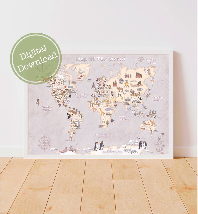 Kids world map, Homeschool educational poster, Printable Montessori materials image 1