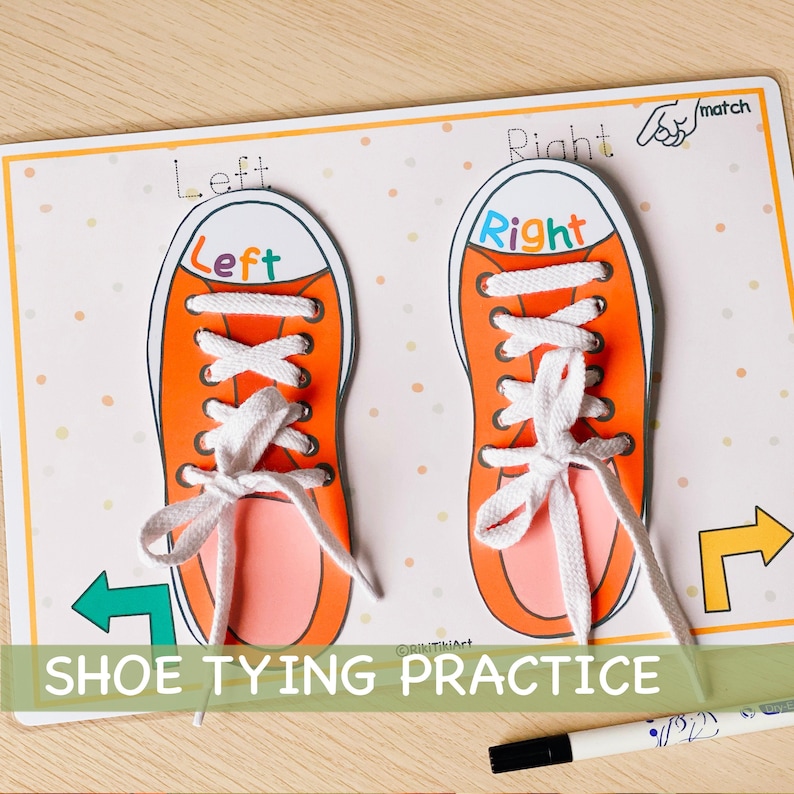 May include: A printable shoe tying practice activity with two orange sneakers, one labeled "Left" and the other "Right". The sneakers have white laces and are on a white background with orange polka dots. The words "Shoe Tying Practice" are printed at the bottom of the page.