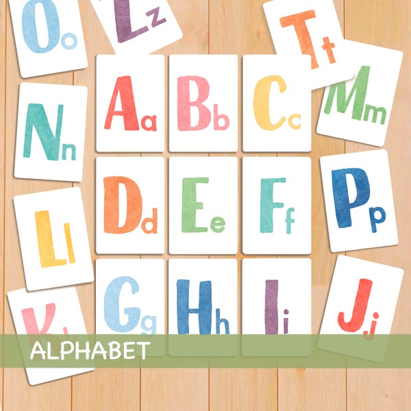Alphabet Flash Cards Beginning Sounds Cards Learning ABC Flashcards Homeschool Montessori Materials Printable Watercolor Alphabet Flashcard