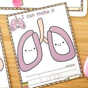 以下が含まれることがあります： 笑顔の肺の漫画イラストが特徴の、印刷可能な教育用ワークシート。「I can make it」というテキストが上部にあり、「Lungs」はトレース用の点線で書かれています。 ワークシートには、黄と黒のストライプのボーダーがあります。