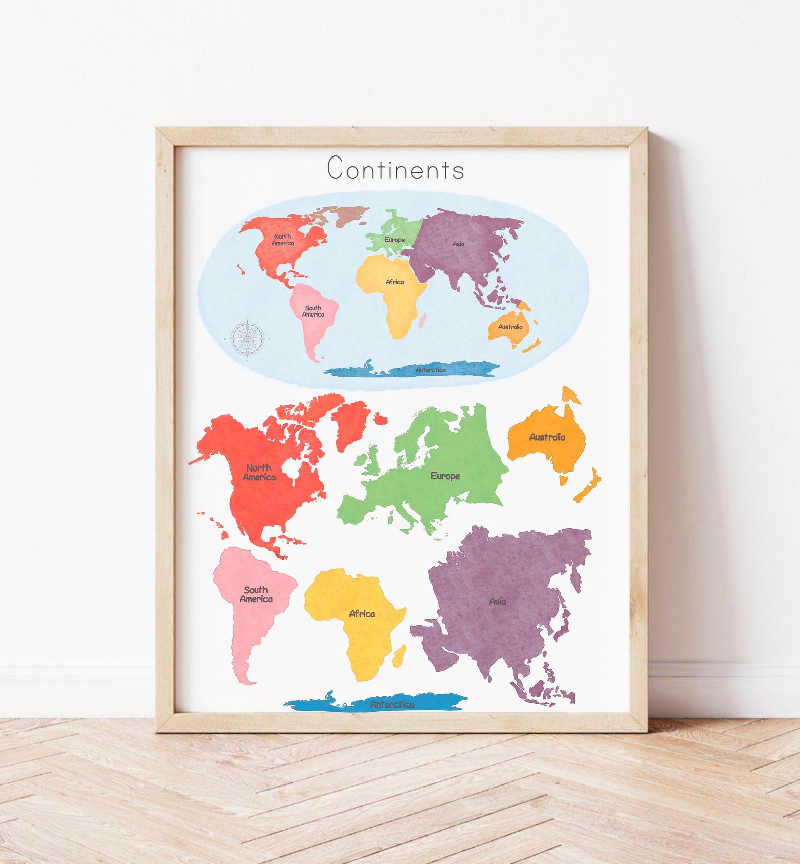 Montessori World Map Wall Art Continents Educational Poster Watercolor ...