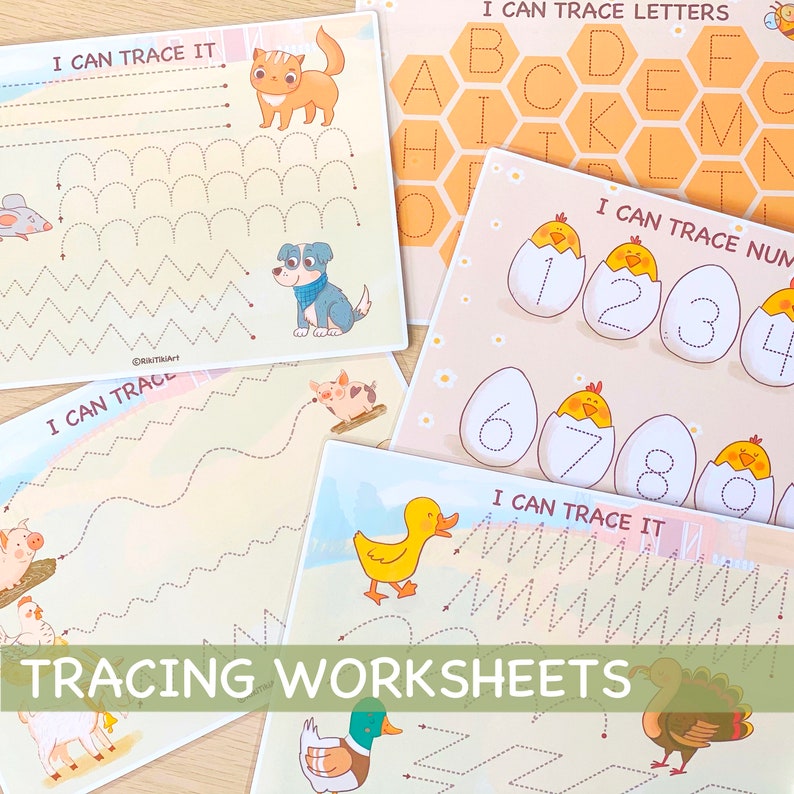 May include: A set of five tracing worksheets for kids featuring various animals and shapes. The worksheets include tracing letters, numbers, and lines. The worksheets are printed on white paper with colorful illustrations.