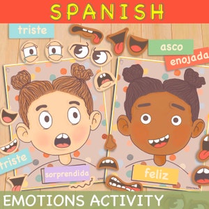 Pode incluir: Uma atividade de emoções em espanhol imprimível para crianças. A atividade inclui dois rostos, um com pele morena e outro com pele clara, e uma variedade de características faciais para combinar com as palavras de emoções: triste, enojada, asco, sorprendida e feliz.