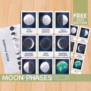 Flashcards das fases da lua, materiais Montessori para educação domiciliar, cartões flash para crianças