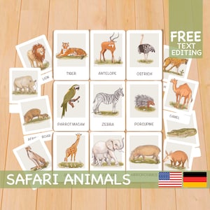 Flashcards voor safaridieren, afdrukbaar Montessori-materiaal, leermiddelen voor peuters op de thuisschool Engels Duits