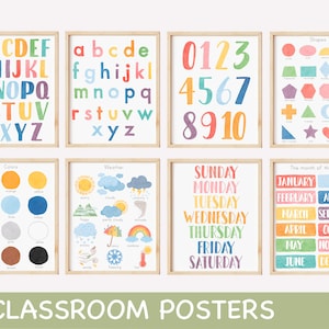 Conjunto de 8 carteles de aula de acuarela Impresiones educativas de sala de juegos imprimibles vivero pared arte arco iris homeschool impresiones carteles Montessori