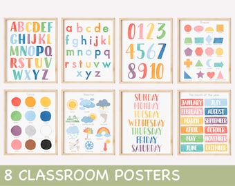 Set of 8 Watercolor Classroom Posters Educational Playroom Prints Printable Nursery Wall Art Rainbow Homeschool Prints Montessori Posters