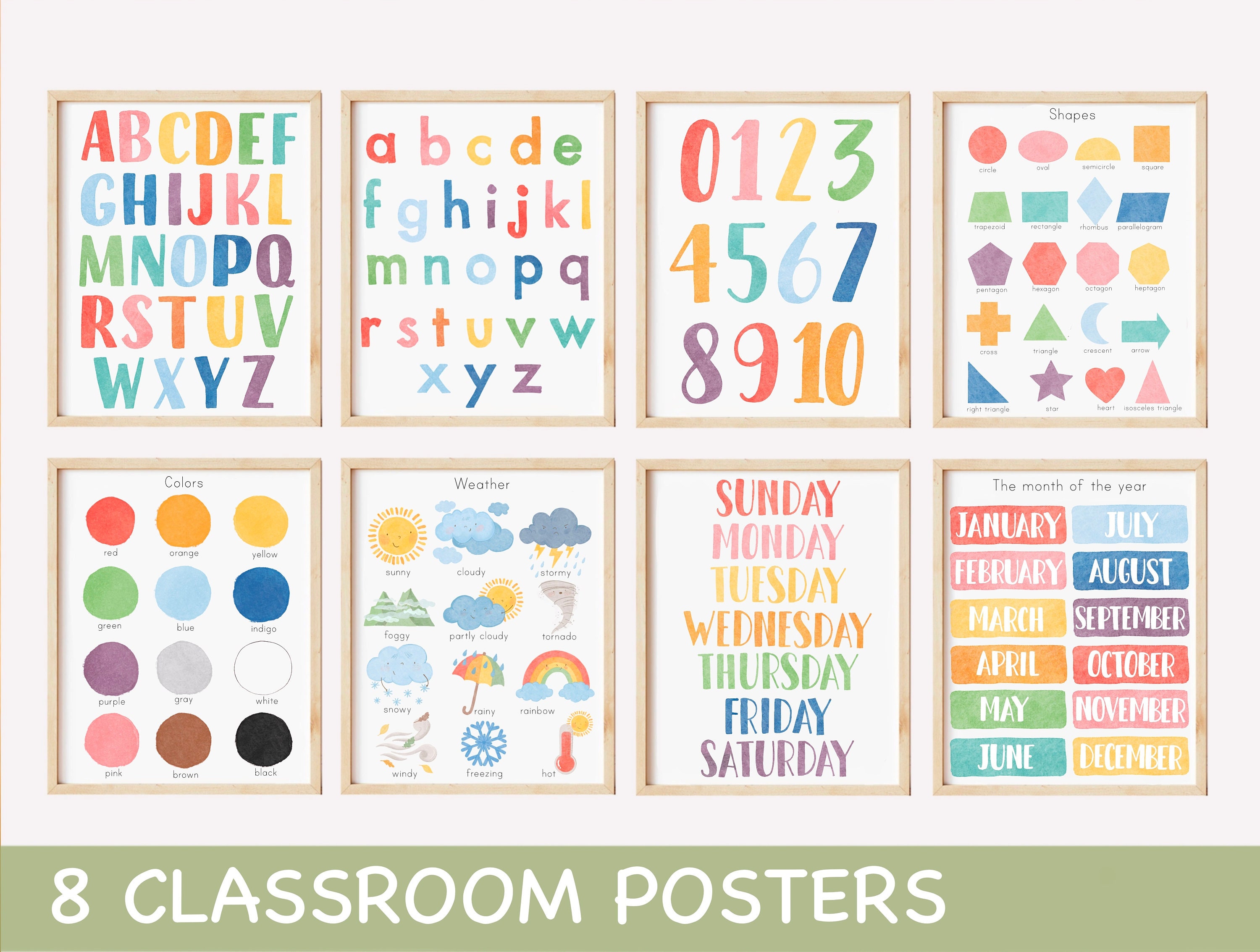 Set of 8 Watercolor Classroom Posters Educational Playroom Prints Printable Nursery Wall Art Rainbow Homeschool Prints Montessori Posters