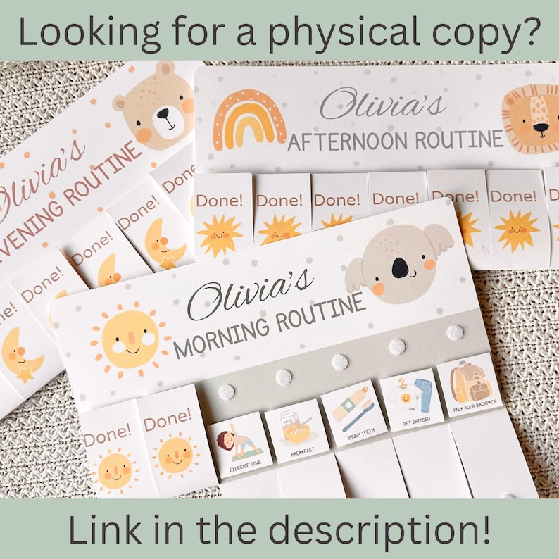 以下が含まれることがあります： 「Olivia's Evening Routine」、「Olivia's Afternoon Routine」、「Olivia's Morning Routine」のテキストが入った子供向けのルーチンチャートのセット。各チャートには、クマ、虹、ライオン、太陽、月、コアラのイラストが描かれています。「Done!」の文字も表示されています。