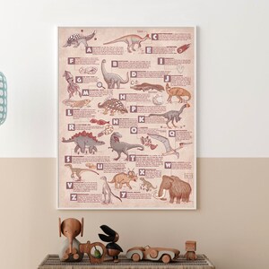 Puede incluir: Un p&oacute;ster educativo de estilo vintage que presenta un alfabeto de dinosaurios y otras criaturas prehist&oacute;ricas. Cada letra se empareja con una criatura diferente, con su nombre y una breve descripci&oacute;n. El p&oacute;ster est&aacute; impreso en un fondo de color crema con texto e ilustraciones marrones.