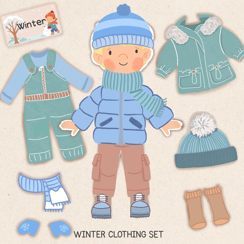 May include: A winter clothing set illustration featuring a cartoon figure in a blue puffer jacket, hat, and scarf, with matching overalls and boots. Additional items include a coat, hat, mittens, and socks. The image includes the text "Winter Clothing Set."