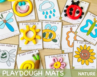 Natuur Play Doh Matten Visuele kaarten, Fijne motoriek Activiteit Afdrukbaar Speeldeeg Peuter Homeschool Montessori Materialen Kleuterschool