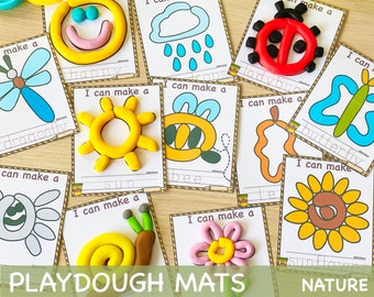 Natuur Play Doh Matten Visuele kaarten, Fijne motoriek Activiteit Afdrukbaar Speeldeeg Peuter Homeschool Montessori Materialen Kleuterschool