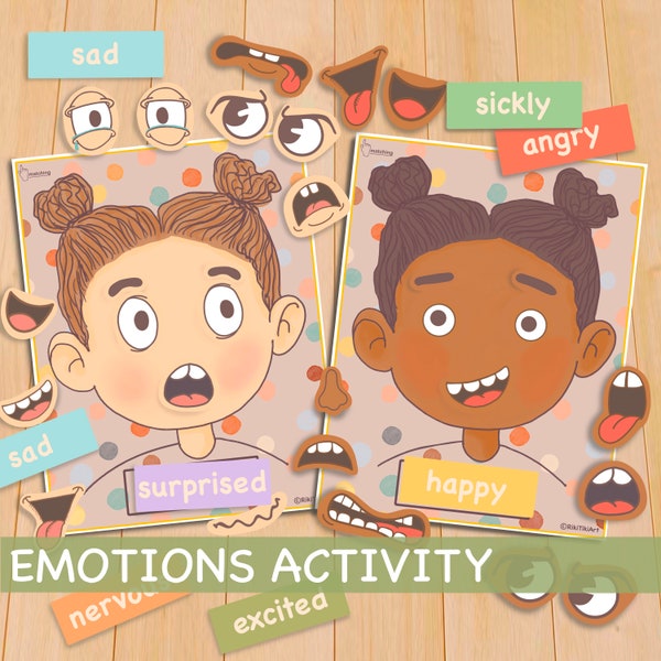 Emocje Aktywność dla dzieci Wersja dla dziewczynek Wykres uczuć malucha do druku Cicha strona książki Przedszkole Homeschool Pre-K Nauka Dopasowywanie gry