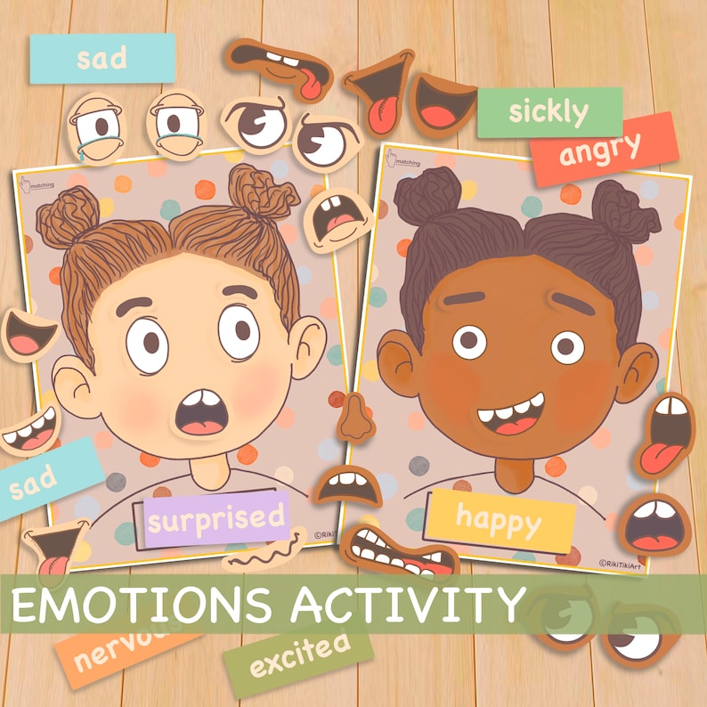 Emoties Activiteit voor kinderen Meisjesversie Afdrukbare peutergevoelsgrafiek Rustige boekenpagina Preschool Homeschool Pre-K Learning Matching Game afbeelding 1