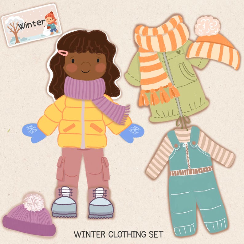 May include: A colorful illustration of winter clothing, including a yellow puffer jacket, pink pants, blue gloves, and a purple hat. Other items include a green coat, striped scarf, and overalls. The image includes the text "Winter Clothing Set."