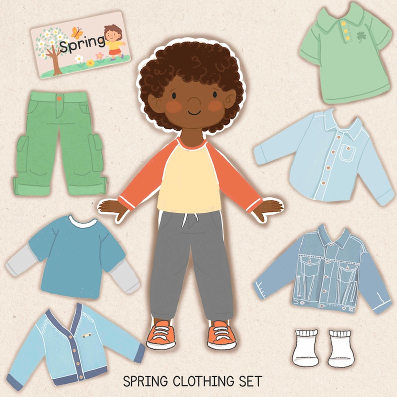 May include: A cartoon illustration of a child surrounded by spring clothing items. The set includes a light blue denim jacket, green cargo pants, a light blue cardigan, and a light green polo shirt. The text "Spring Clothing Set" is at the bottom.