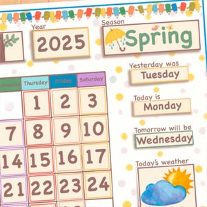 May include: A colorful calendar for the year 2025 with a yellow, white, and blue umbrella graphic for the season of spring. The calendar shows the days of the week, Thursday, Friday, and Saturday, with the numbers 1 through 24. The calendar also includes text that says "Yesterday was Tuesday", "Today is Monday", "Tomorrow will be Wednesday", and "Today's weather" with a graphic of a sun and a cloud.