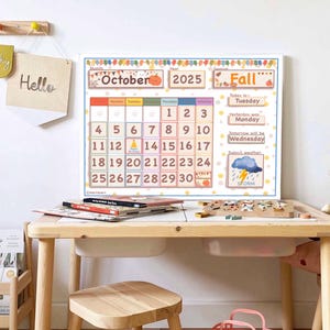 May include: A colorful October calendar with a pumpkin and fall leaves. The calendar is on a white background and has the days of the week listed at the top. The numbers 1 through 30 are in the boxes below. The calendar also includes a weather forecast for the day, which shows a storm cloud with lightning.