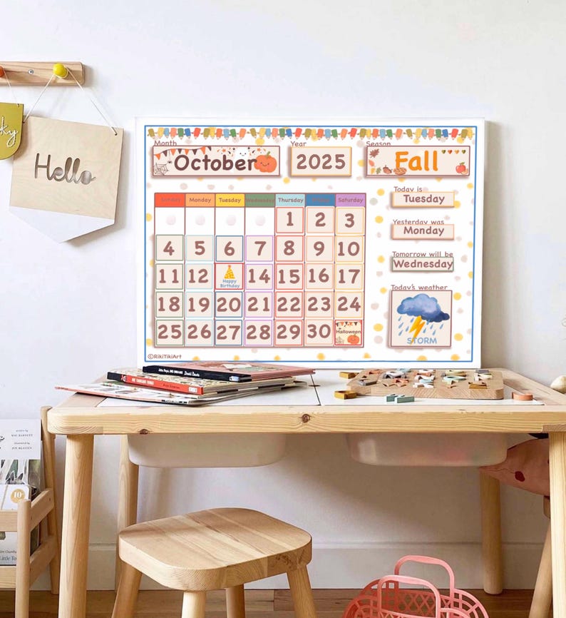 May include: A colorful October calendar with a pumpkin and fall leaves. The calendar is on a white background and has the days of the week listed at the top. The numbers 1 through 30 are in the boxes below. The calendar also includes a weather forecast for the day, which shows a storm cloud with lightning.