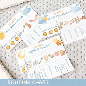 May include: A colorful printable routine chart for children with illustrations of a sun, moon, toothbrush, and other activities. The chart is titled "Olivia's Morning Routine", "Olivia's Afternoon Routine", and "Olivia's Evening Routine".