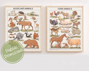 Set of two prints, Educational Posters, Farm and Woodland animals downloadable prints