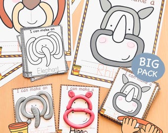 Può includere: Set di tappetini per plastilina a tema zoo, con contorni di animali per il gioco creativo. I tappetini presentano il testo "I can make a" e nomi di animali come "Elephant" e "Hippo".