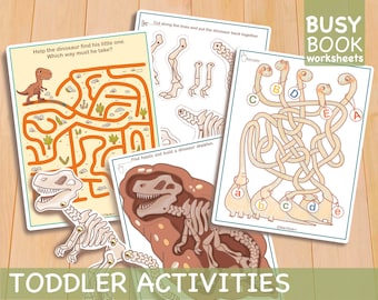 May include: A set of three dinosaur-themed toddler activity worksheets. The first worksheet features a maze for the child to help the dinosaur find its baby. The second worksheet has a dinosaur skeleton for the child to assemble. The third worksheet has a maze for the child to connect the dinosaur necks to their bodies.